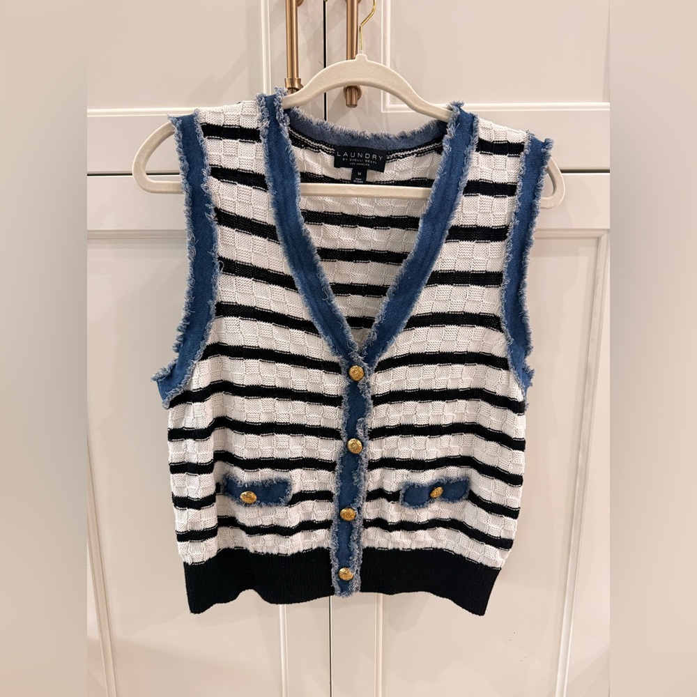 Laundry By Shelli Segal Black & White Striped Vest with Blue denim Edging